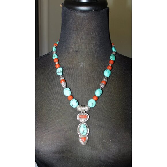 Vintage Turquoise & Coral Necklace Sterling Silver 115.4g Tribal Native American - Picture 13 of 13